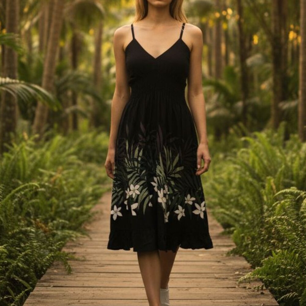 Vintage Winnie Fashion Hawaiian Floral High Low Sleeveless Black Midi Dress S